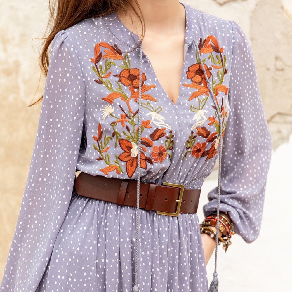 Boho Embroidered Floral Polka Dot Ruffle Dress - Picture 5 of 15